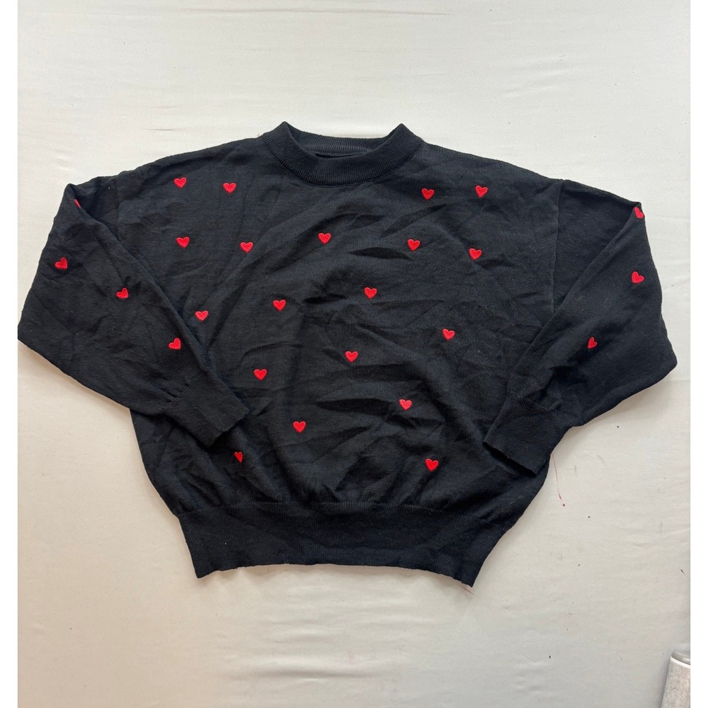 SHEIN Black Crewneck Sweater Red Embroidered Hearts Knit Pullover Large
